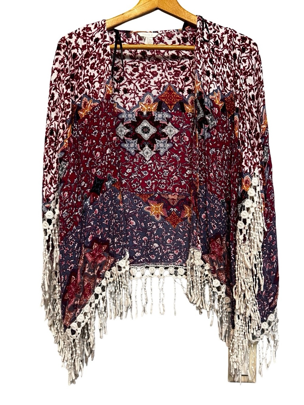 Forever 21 Boho Patchwork Fringe Kimono Crochet Tassel Cardigan Wrap SZ S/M